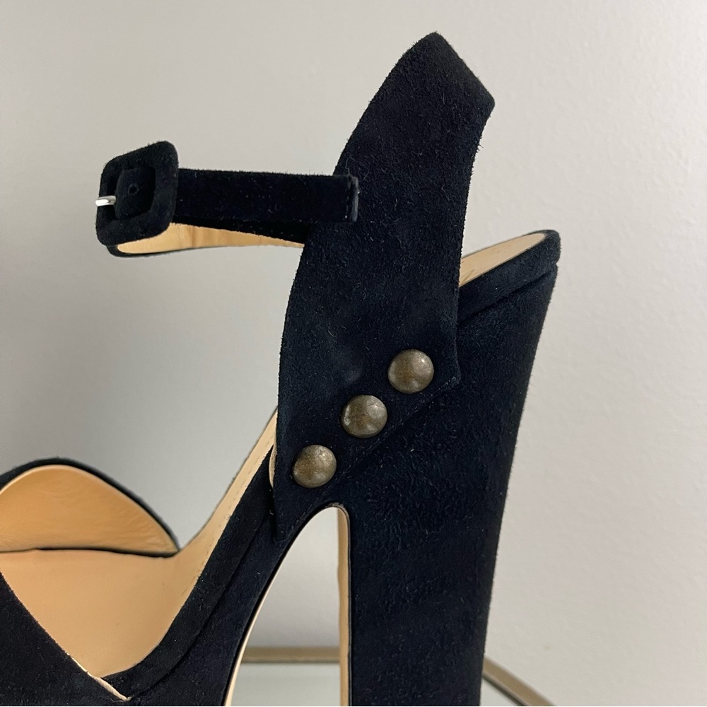 GIUSEPPE ZANOTTI Black Suede Brass Stud Betty Alien Platform Peep Toe Heels - Picture 12 of 14